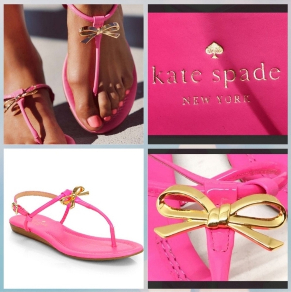 Kate Spade Tracie Hot Pink Gold Bow Patent Leather Thong Sandals - 9.5